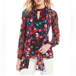 Trina Turk Multicolor Circle Print Silk Blend Greyhound Tie-Neck Blouse